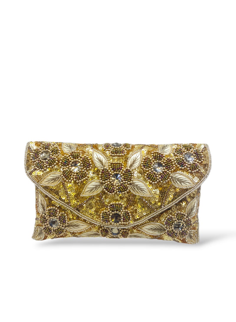 أركاد حقيبة كلاتش زفاف ذهبية من أركاد، مصنوعة يدويًا، مزينة بالخرز، بتصميم هندي - Image 4