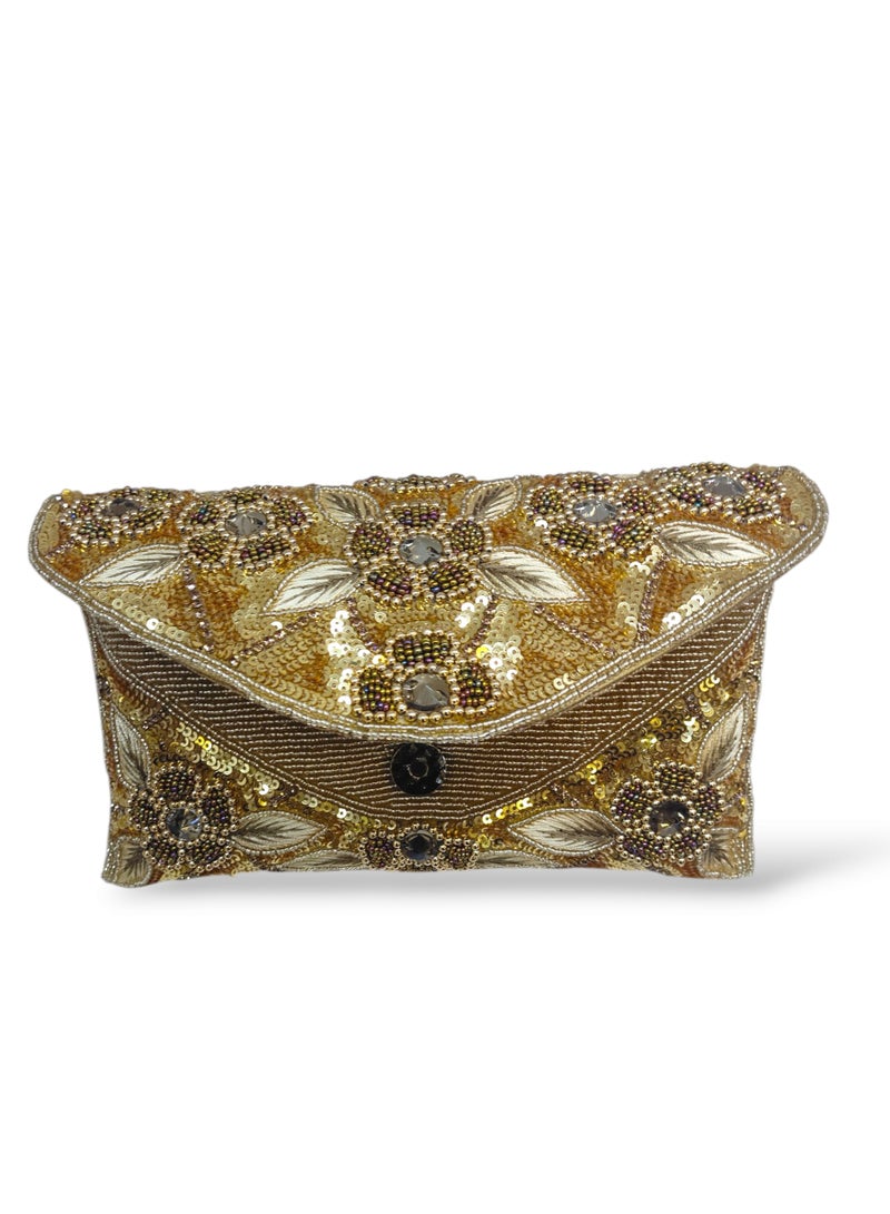 أركاد حقيبة كلاتش زفاف ذهبية من أركاد، مصنوعة يدويًا، مزينة بالخرز، بتصميم هندي - Image 5