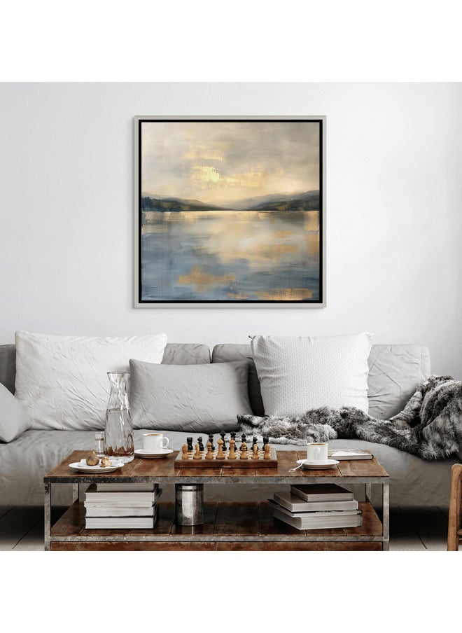 Art Decor Art Decor Framed Canvas Wall Art of Gold Abstract Lake and Mountain Square Print Wall Decor for Home Office Living Room Bedroom Gifting  - Image 2