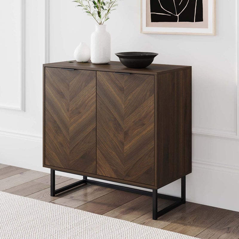 Nathan James Enloe Modern Sideboard Buffet Storage Accent Cabinet with Doors in a Rustic Walnut Finish and Black Matte Metal Base for Hallway Entryway Kitchen or Living Room WalnutBlack