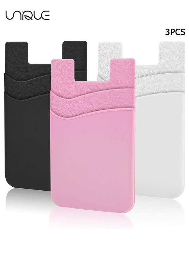 Unique 3Pcs Phone Wallet, Phone Card Holder for Back of Phone Case, Dual Pocket Phone Wallet Stick On Compatible for iPhone, Samsung and Most of Cell Phone (Black, White, Pink) - Image 1