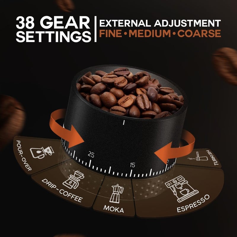 LEBURRY Portable Coffee Grinder – Rechargeable Espresso Coffee Grinder with Stainless Steel Burr Mill for Travel, Camping – Black Cordless Electric Small Grinders with 38 Adjustable Grind Settings - Image 4
