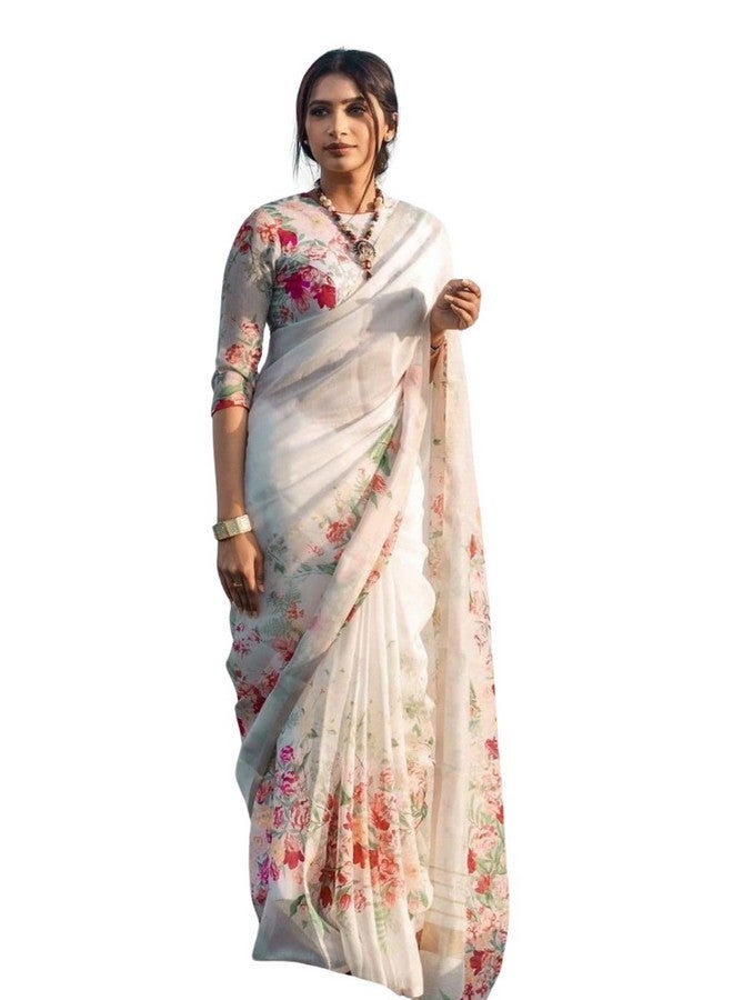 C J Enterprise Women‚Äôs Pure Soft Cotton Saree Linen Silk Sarees For Latest Party Design Wear Wedding Sadi With Blouse Piece Sari South Mulmul ikkat Mul Print 2025 New (FlowerJaal) (White) - Image 1