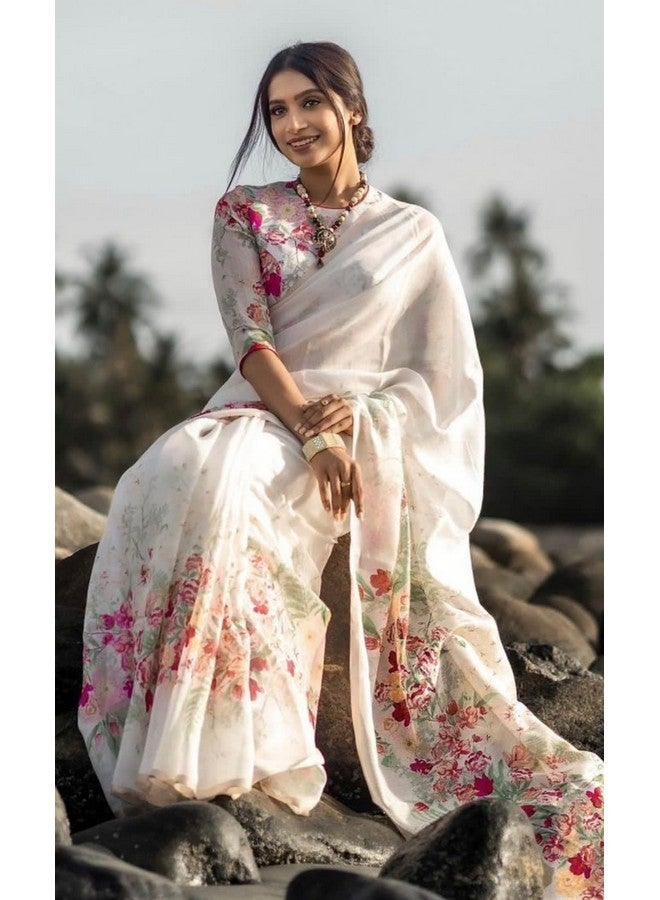 C J Enterprise Women‚Äôs Pure Soft Cotton Saree Linen Silk Sarees For Latest Party Design Wear Wedding Sadi With Blouse Piece Sari South Mulmul ikkat Mul Print 2025 New (FlowerJaal) (White) - Image 2