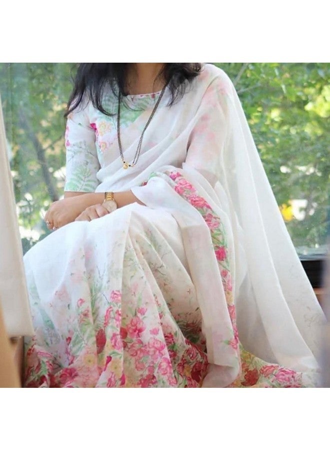 C J Enterprise Women‚Äôs Pure Soft Cotton Saree Linen Silk Sarees For Latest Party Design Wear Wedding Sadi With Blouse Piece Sari South Mulmul ikkat Mul Print 2025 New (FlowerJaal) (White) - Image 3