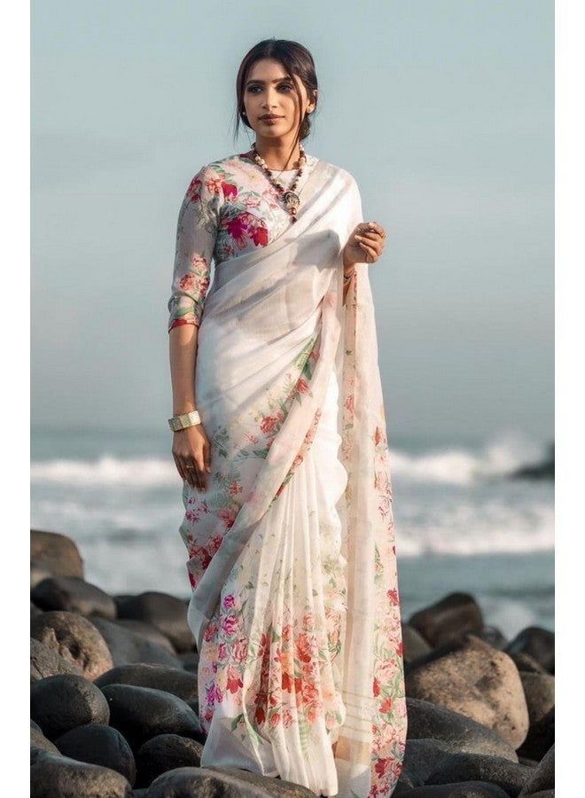C J Enterprise Women‚Äôs Pure Soft Cotton Saree Linen Silk Sarees For Latest Party Design Wear Wedding Sadi With Blouse Piece Sari South Mulmul ikkat Mul Print 2025 New (FlowerJaal) (White) - Image 5