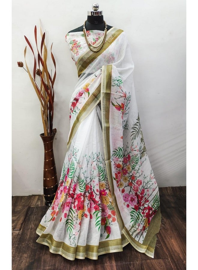 C J Enterprise Women‚Äôs Pure Soft Cotton Saree Linen Silk Sarees For Latest Party Design Wear Wedding Sadi With Blouse Piece Sari South Mulmul ikkat Mul Print 2025 New (FlowerJaal) (White) - Image 4