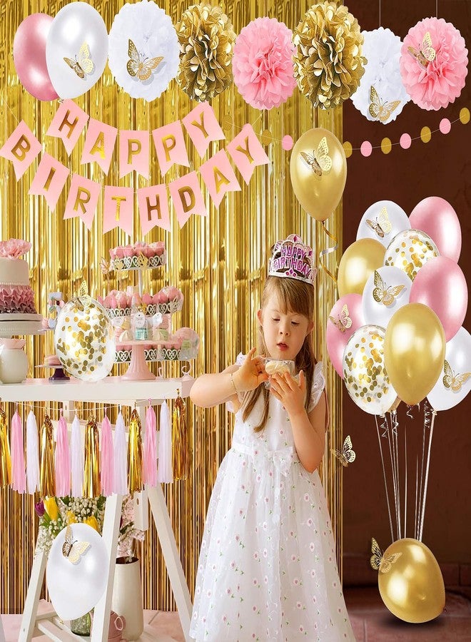 pugkloy Pink and Gold Birthday Party Decorations for Women with Happy Birthday Banner,Curtains, Butterfly Wall,Circle Dots Garland,Tissue Pompoms,Paper Tassels Garland for Her - Image 4