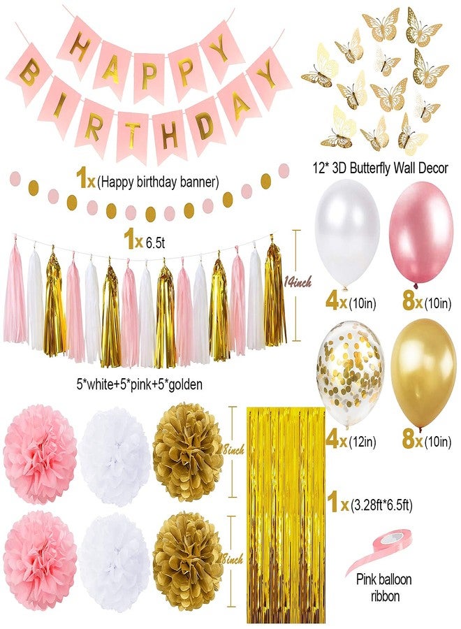 pugkloy Pink and Gold Birthday Party Decorations for Women with Happy Birthday Banner,Curtains, Butterfly Wall,Circle Dots Garland,Tissue Pompoms,Paper Tassels Garland for Her - Image 3