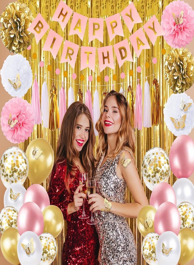 pugkloy Pink and Gold Birthday Party Decorations for Women with Happy Birthday Banner,Curtains, Butterfly Wall,Circle Dots Garland,Tissue Pompoms,Paper Tassels Garland for Her - Image 2