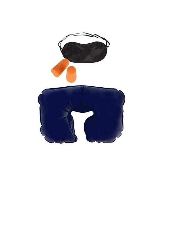 Generic 3 Pieces Travel Kit Adjustable Eye Mask Inflatable Neck Pillow and Noise Cancelling Earplugs for Comfortable and Convenient Travelling (Color May Vary) - Image 1