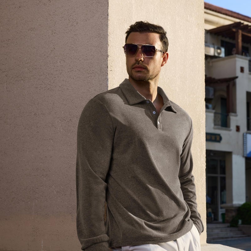 Opomelo Men's Casual Polo Shirts Long Sleeve Basic Thermal Pullover Tops Classic Collar Solid Golf Shirts Brown - Image 3