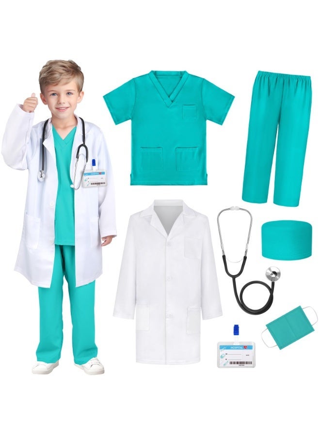Sparklepals 7-Piece Kids Doctor Costume Set - Teal Scrubs and Lab Coat with Stethoscope, Pretend Play Medical Dress Up for Boys and Girls - Image 1