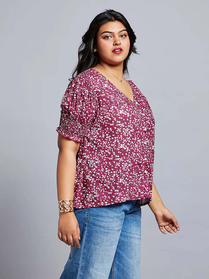 جلو باص بلوزة جلوبلس نسائية بطبعة زهور وياقة على شكل حرف  وأكمام منفوخة مقاس كبير للعمل