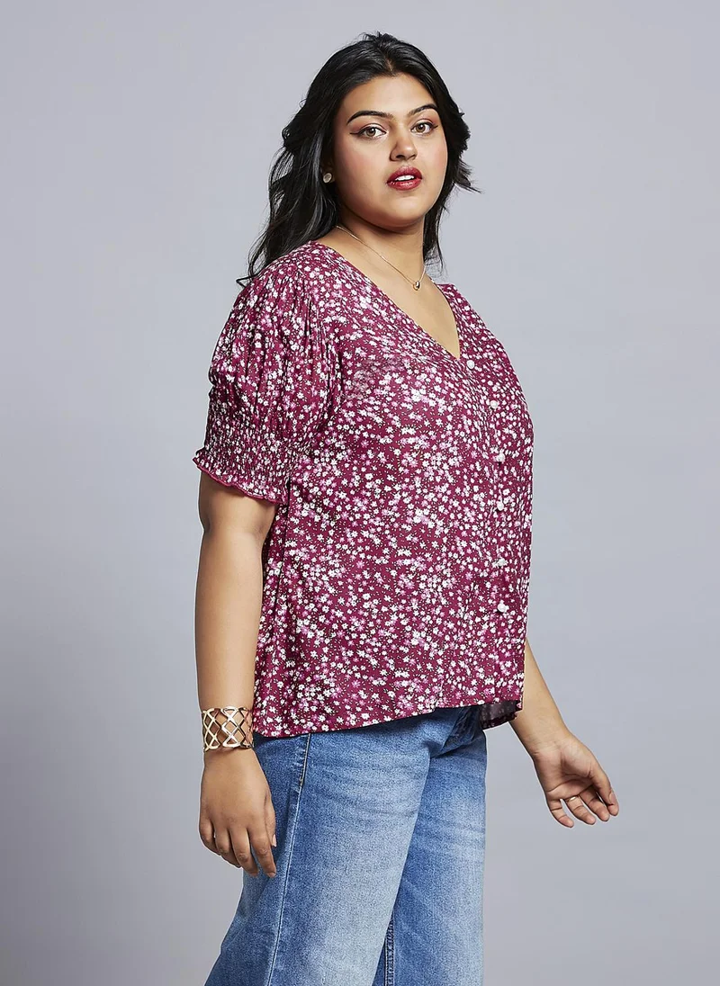 globus Globus Gloplus Women Floral Print V-Neck Puff Sleeves Plus Size Workwear Top