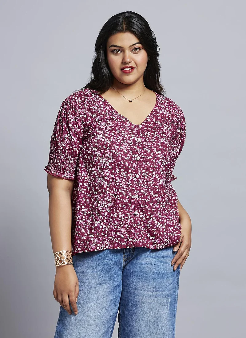 globus Globus Gloplus Women Floral Print V-Neck Puff Sleeves Plus Size Workwear Top