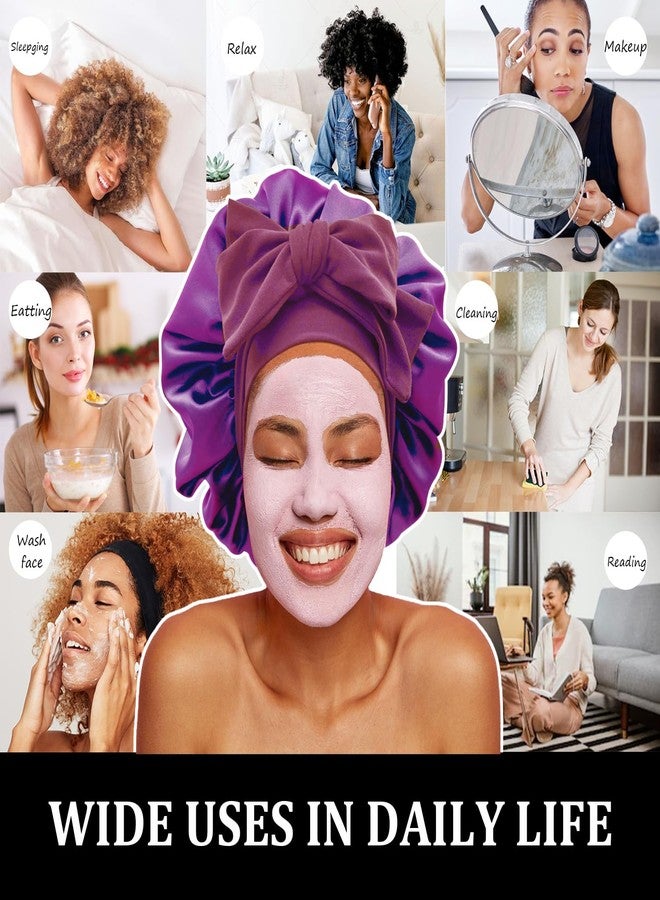 جيلي قبعة نوم من الحرير الساتان، قبعات كبيرة مزودة برباط، وأشرطة قابلة للتعديل، قبعات نوم ليلية للنساء ذوات الشعر المجعد والمضفر (أسود، بنفسجي) - Image 5