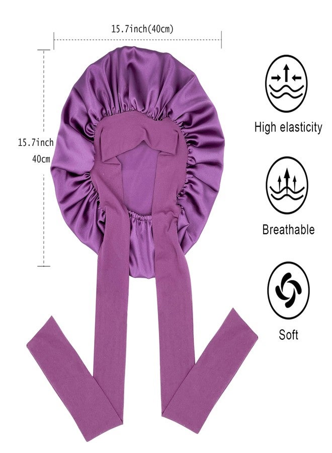 جيلي قبعة نوم من الحرير الساتان، قبعات كبيرة مزودة برباط، وأشرطة قابلة للتعديل، قبعات نوم ليلية للنساء ذوات الشعر المجعد والمضفر (أسود، بنفسجي) - Image 3