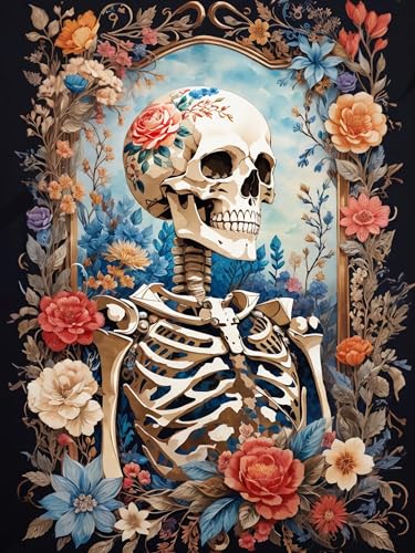 Meothan Skull Flower Diamond Painting Kits for Adults DIY Skull Skeleton Diamond Art Kits Full Round Drill 5D Full Drill Crystal Rhinestone Gem Art Craft Home Wall Decor 12 x 16 Inch - Image 1