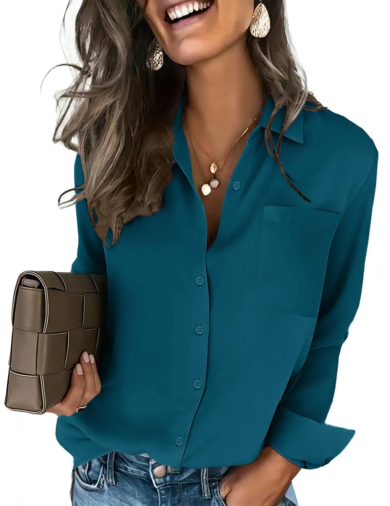 HOTOUCH Button Up Shirt Women Long Sleeve Tops Dressy Casual Blouses V Neck Business Work Office Outfits Teal Blue L - Image 2