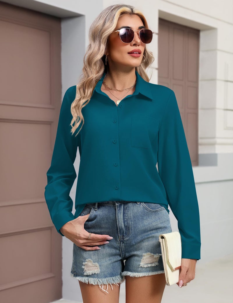 HOTOUCH Button Up Shirt Women Long Sleeve Tops Dressy Casual Blouses V Neck Business Work Office Outfits Teal Blue L - Image 4