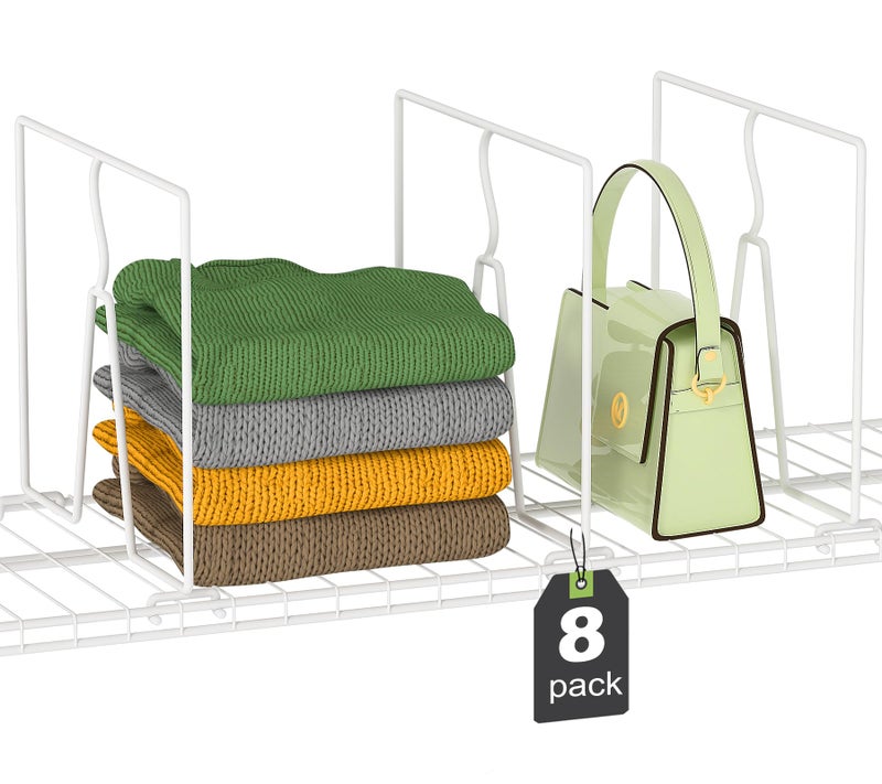 SortNStore Wire Shelf Dividers for Closet: Tall 8 Pack 12-inch Deep Wire Rack Accessories - Adjustable Purse Organizer for Clothes Handbags - Metal Pantry Separators - Image 1