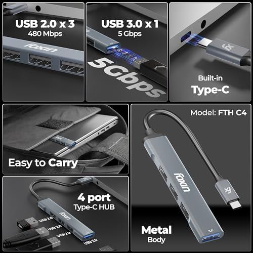 Foxin 4-in-1 USB-C Hub | Type C Hub to USB 3.0 + 3 USB 2.0 Ports, Upto 5 Gbps High Speed Data Transfer | Slim Aluminium Portable C-Type Hub for Laptop, MacBook, Tablets & Mobiles | 15cm Cable - FTH C4 - Image 2