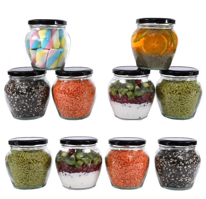 SPICE JAR MATKA SHAPE TRANSPARENT GLASS JAR AND CONTAINER AIR TIGHT BLACK LID FOR KITCHEN 400 ML MATKI GLASS JAR WITH AIRTIGHT METAL LID 12 PC CLEAR
