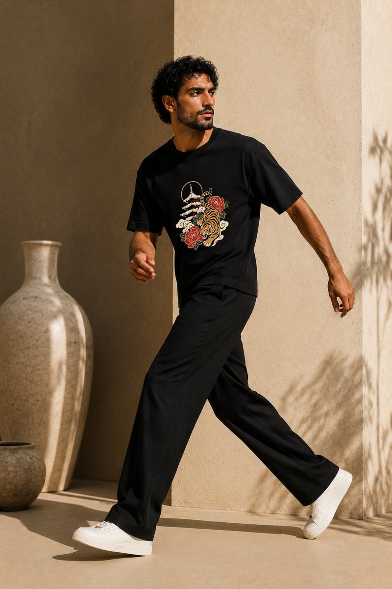 Men's Oversized Black Tiger Graphic T-Shirt Casual Short Sleeve Crew Neck Streetwear Tee - Image 3