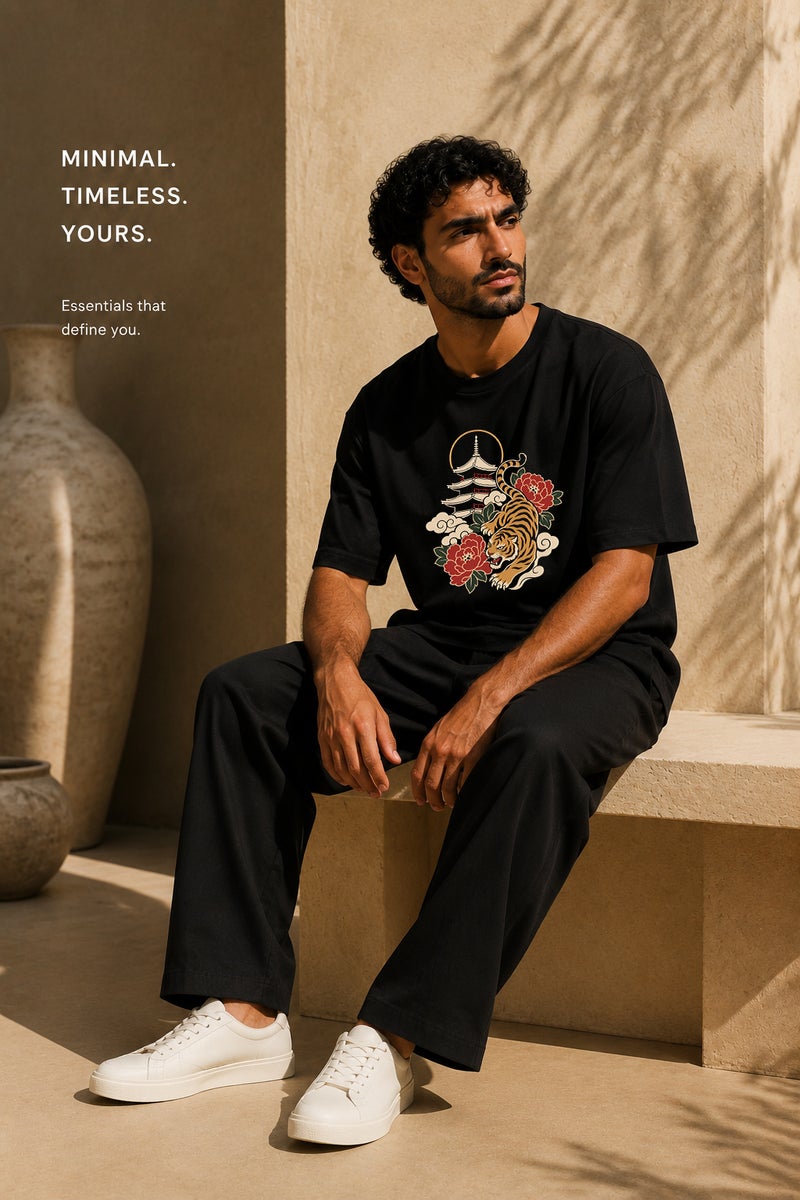 Men's Oversized Black Tiger Graphic T-Shirt Casual Short Sleeve Crew Neck Streetwear Tee - Image 4