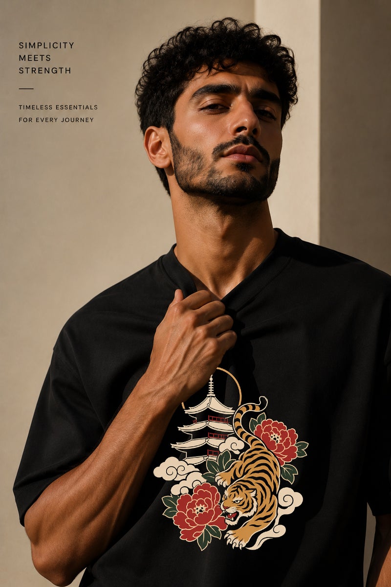 Men's Oversized Black Tiger Graphic T-Shirt Casual Short Sleeve Crew Neck Streetwear Tee - Image 5