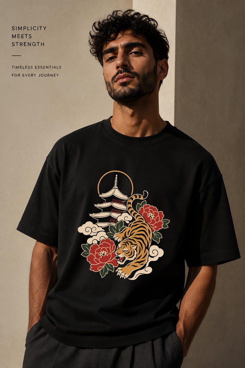 Men's Oversized Black Tiger Graphic T-Shirt Casual Short Sleeve Crew Neck Streetwear Tee - Image 1