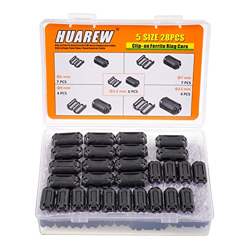 HUAREW 5 Values 28 Pcs Black Clip-on Ferrite Ring Core RFI EMI Noise Suppressor Cable Clip for 3.5mm 5mm 7mm 9mm 13mm Diameter Cable - Image 1