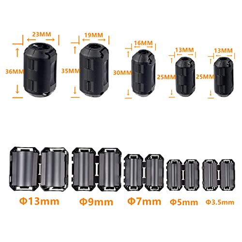 HUAREW 5 Values 28 Pcs Black Clip-on Ferrite Ring Core RFI EMI Noise Suppressor Cable Clip for 3.5mm 5mm 7mm 9mm 13mm Diameter Cable - Image 2