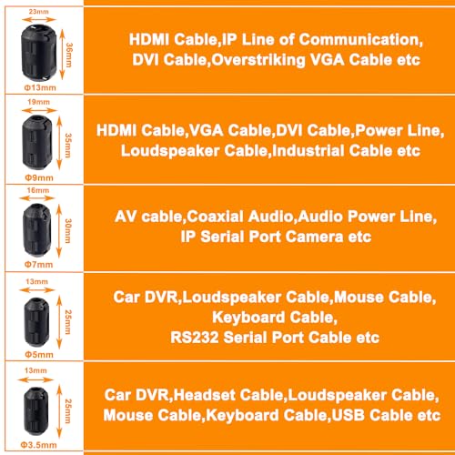 HUAREW 5 Values 28 Pcs Black Clip-on Ferrite Ring Core RFI EMI Noise Suppressor Cable Clip for 3.5mm 5mm 7mm 9mm 13mm Diameter Cable - Image 3
