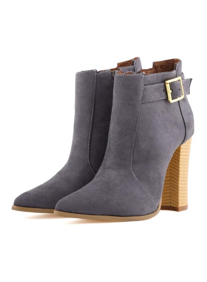 Loquat Autumn/Winter Goose Down Fabric Mid-Shaft Block Heel Combat Boots 11cm Gray  - Image 1