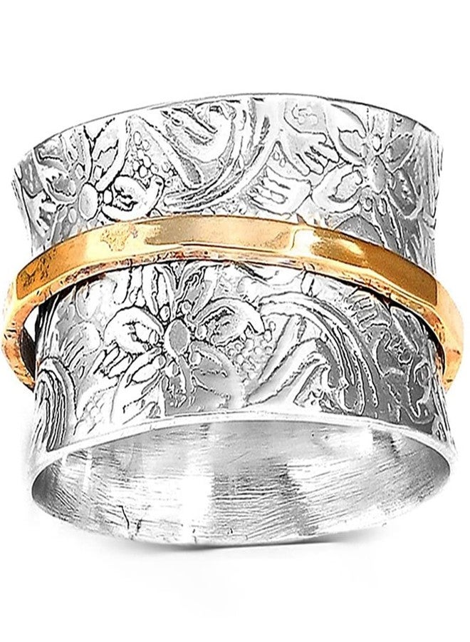 Jude Jewelers Stainless Steel Floral Pattern Chunky Size Rotating Spinner Band Ring, Metal, Cubic Zirconia - Image 1