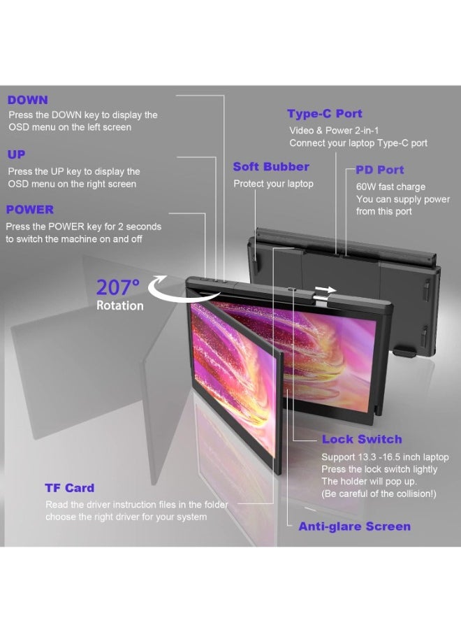 13.3" Portable Dual Triple Portable Monitor for Laptop, Support M1 MacBook Laptop Screen Extension, FHD 1080P IPS Mobile Display Type-C/PD/TF for Windows Mac 13.3"-16.5" Laptops P2 Pro
