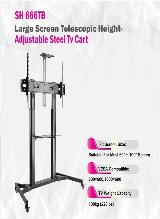 Skill Tech SH 666TB Large Screen Telescopic Height Adjustable Steel TV Cart for 60–100 Inch Screens, VESA 1000x600, Max Load 100kg – Heavy Duty Rolling TV Stand  Black  - Image 4