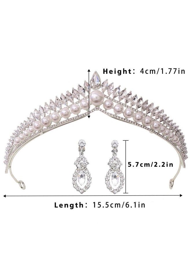 Obmyec Pearl Crown Crystal Tiaras Earring Rhinestone Headpiece Wedding Hair Accessories Sparkly Headband for Women and Girls (Silver) - Image 3