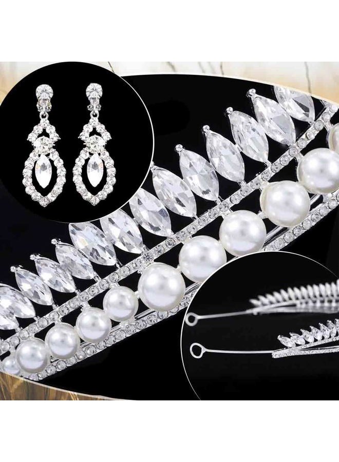 Obmyec Pearl Crown Crystal Tiaras Earring Rhinestone Headpiece Wedding Hair Accessories Sparkly Headband for Women and Girls (Silver) - Image 5