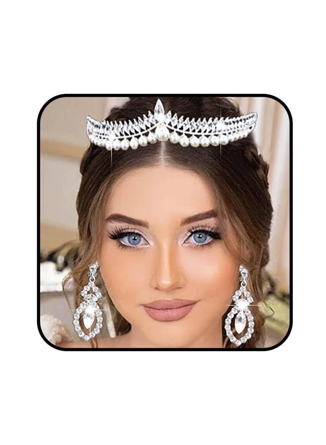 Obmyec Pearl Crown Crystal Tiaras Earring Rhinestone Headpiece Wedding Hair Accessories Sparkly Headband for Women and Girls (Silver) - Image 1