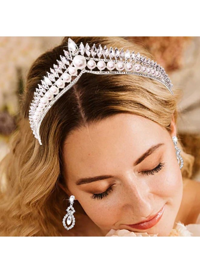 Obmyec Pearl Crown Crystal Tiaras Earring Rhinestone Headpiece Wedding Hair Accessories Sparkly Headband for Women and Girls (Silver) - Image 2