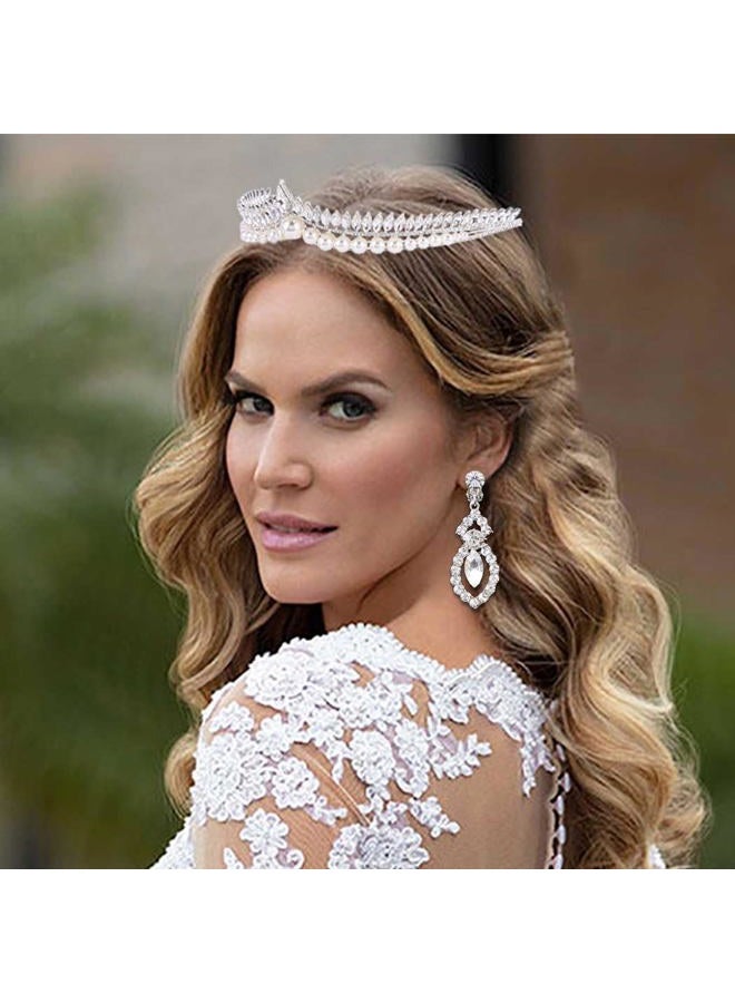 Obmyec Pearl Crown Crystal Tiaras Earring Rhinestone Headpiece Wedding Hair Accessories Sparkly Headband for Women and Girls (Silver) - Image 4