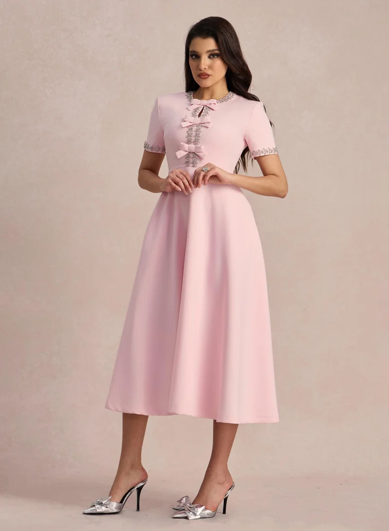 Sunfere Zoe Bowknot Crystal-embellished Midi Dress