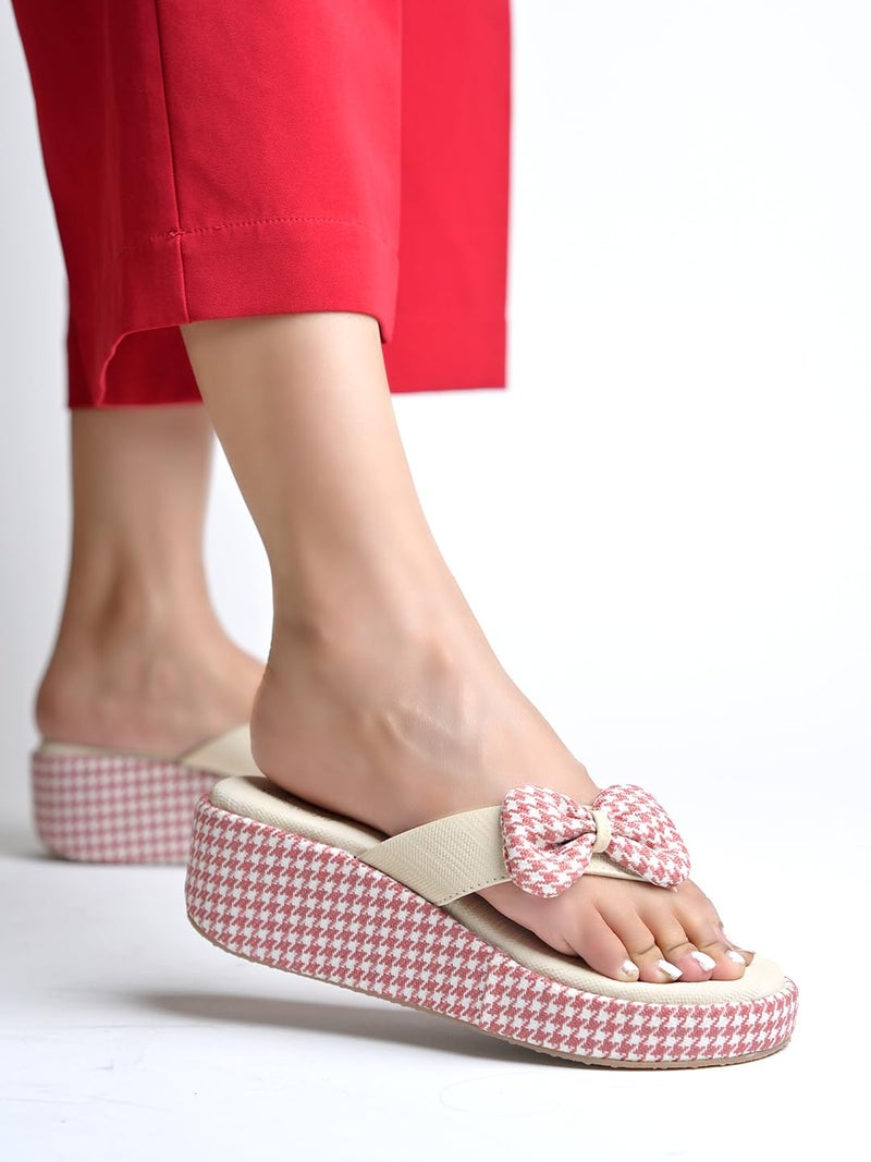 Shoetopia Women’s Pink Wedge Flip Flops with Bow – Stylish Platform Sandals, Comfortable Casual Slip-On Slippers for Summer Beach & Daily Footwear EU38 - Image 3