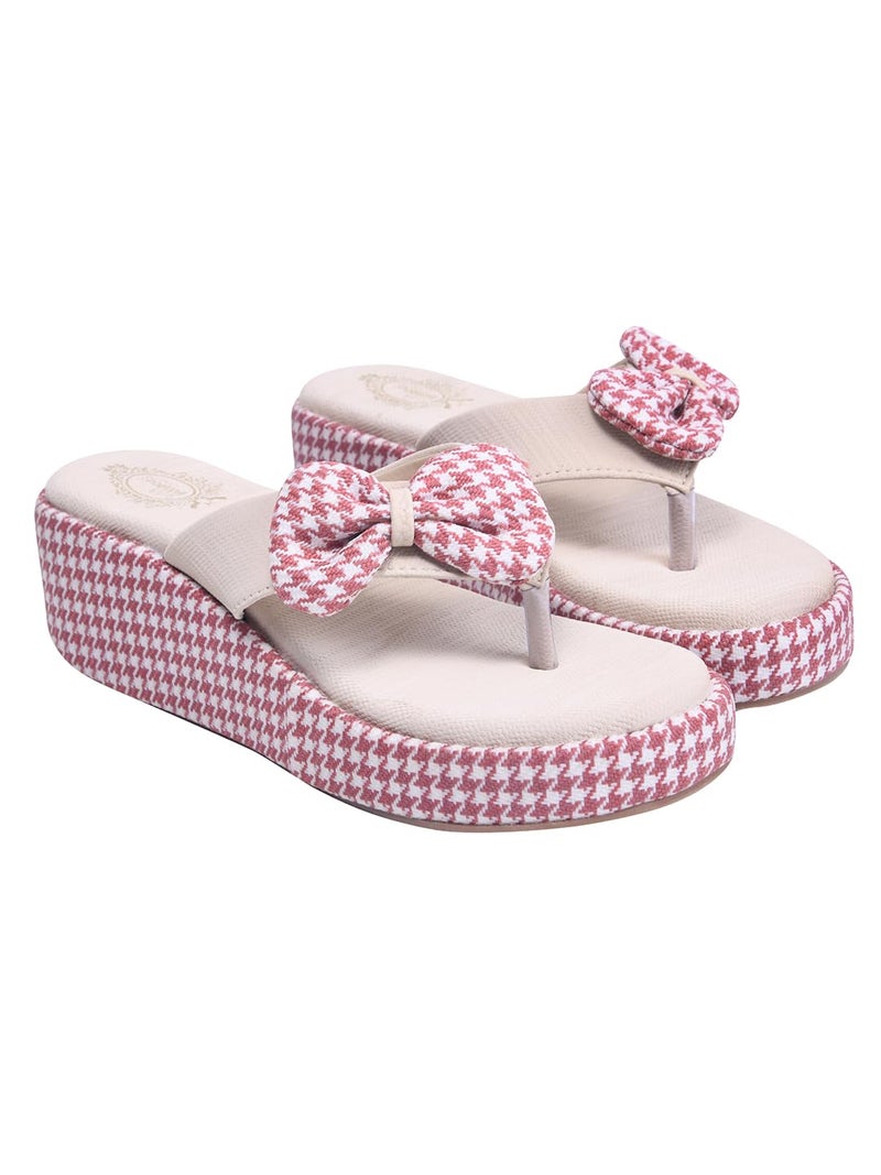 Shoetopia Women’s Pink Wedge Flip Flops with Bow – Stylish Platform Sandals, Comfortable Casual Slip-On Slippers for Summer Beach & Daily Footwear EU38 - Image 1