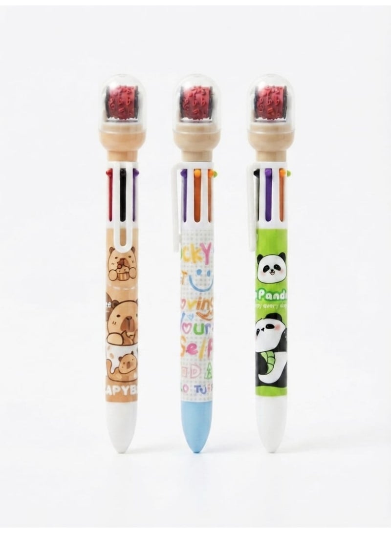 3 Pcs 6-in-1 Multicoloured Ret retractable Ballpoint Pens, 0.7mm, Roller Stamp Pen for Kids & Students - Image 1