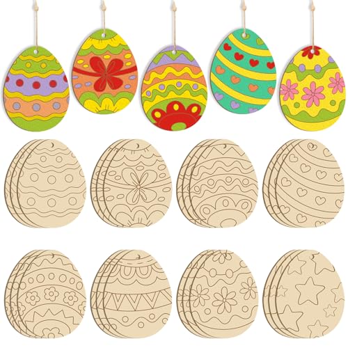 Sophena 24PCS Wooden Egg Ornaments to Paint Easter Decoration Cutouts Unfinished 8 Different Patterns, DIY Blank Unfinished Wood Discs Ornament for Home Crafts Hanging Spring Decoration 3.5 inches - Image 5