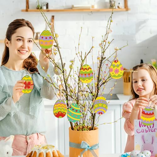 Sophena 24PCS Wooden Egg Ornaments to Paint Easter Decoration Cutouts Unfinished 8 Different Patterns, DIY Blank Unfinished Wood Discs Ornament for Home Crafts Hanging Spring Decoration 3.5 inches - Image 3